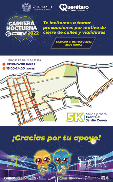Habrá cierres viales en el Centro Histórico por Carrera Nocturna