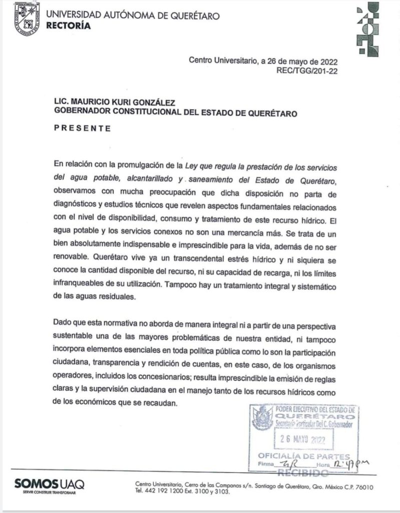 Oficio de la UAQ al gobernador