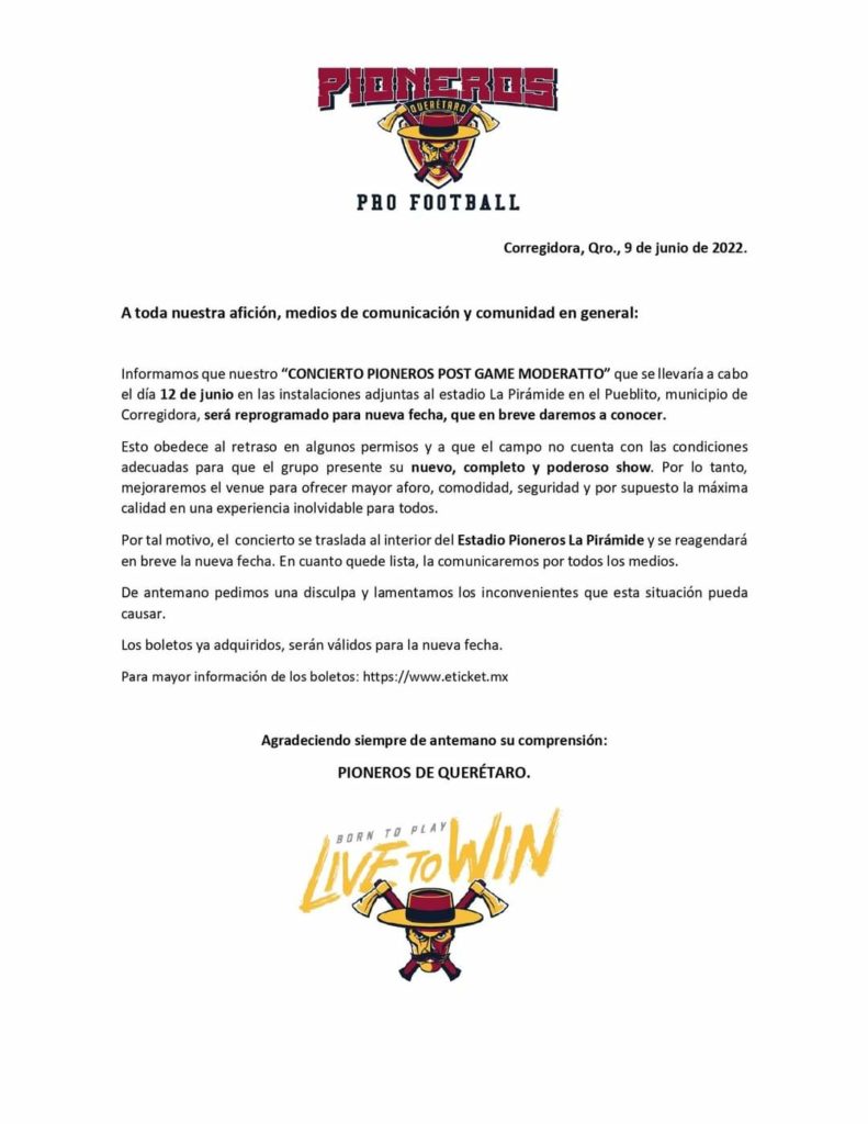 Comunicado Pioneros respecto a Moderatto