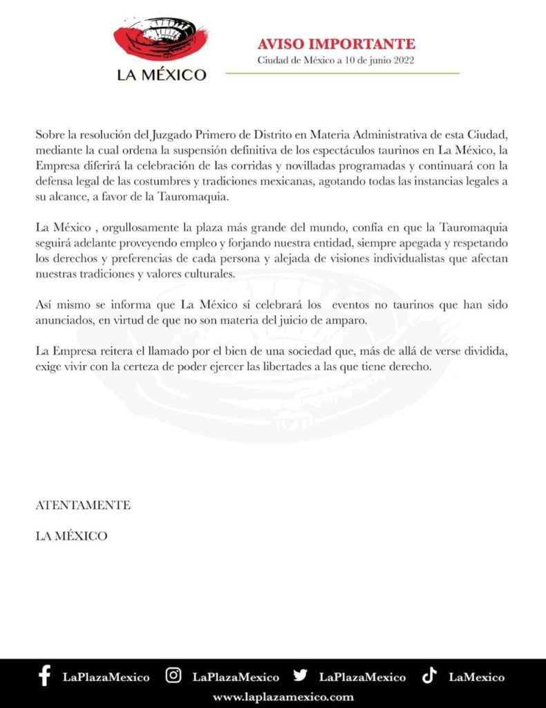 Comunicado de La México por la suspensión de las corridas de toros.
