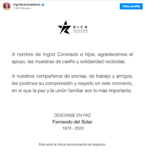Comunicado de Ingrid, exesposa de Fernando del Solar