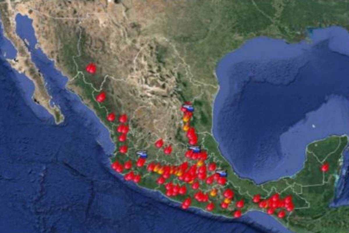 Así luce el mapa de incendios forestales activos presentado por la Conafor.