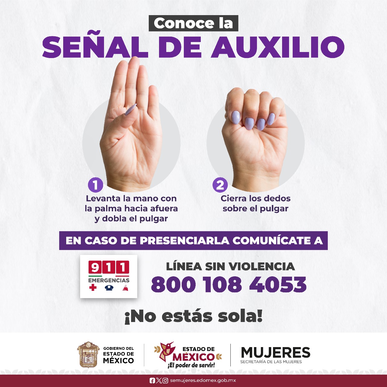 se promueve la señal de auxilio que consiste en dos pasos: levantar la mano con la palma hacia afuera y doblar el pulgar, posteriormente colocar los otros cuatro dedos encima.