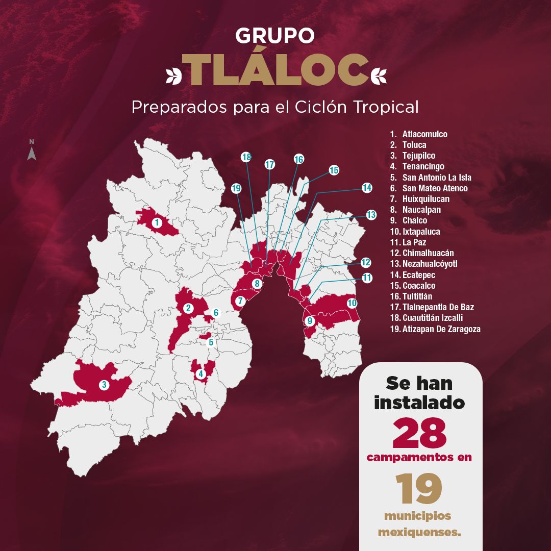 Conoce dónde se ubican los 28 campamentos en 19 municipios mexiquenses para atender las emergencias por lluvias.