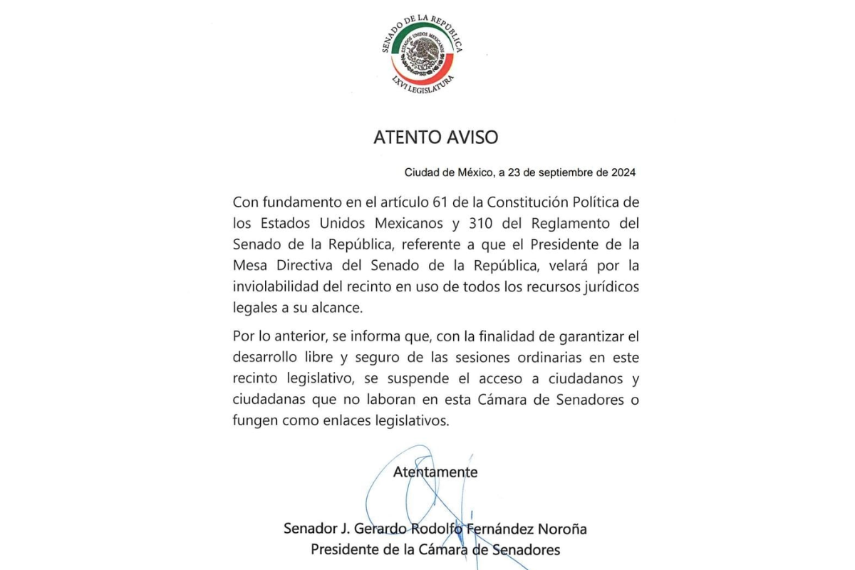Gerardo Noroña prohíbe acceso al Senado a la ciudadanía