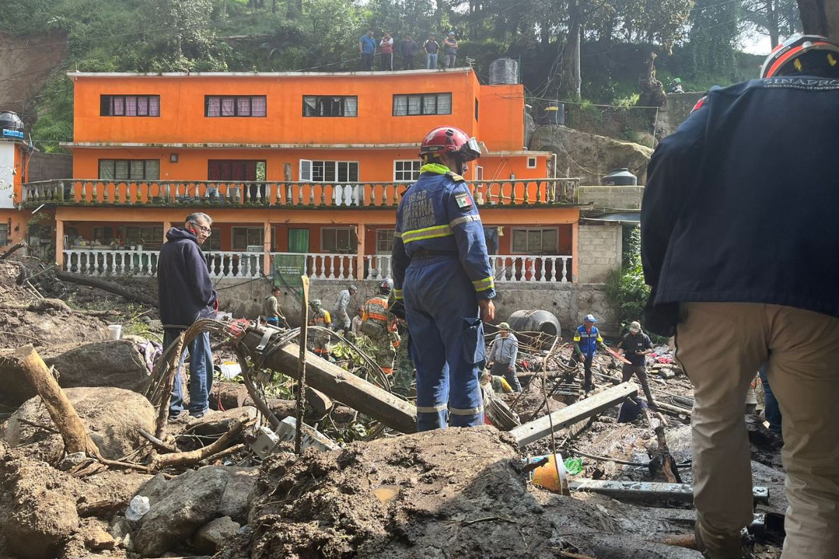 Rescatistas y binomios caninos trabajando arduamente en la zona afectada por el deslave.