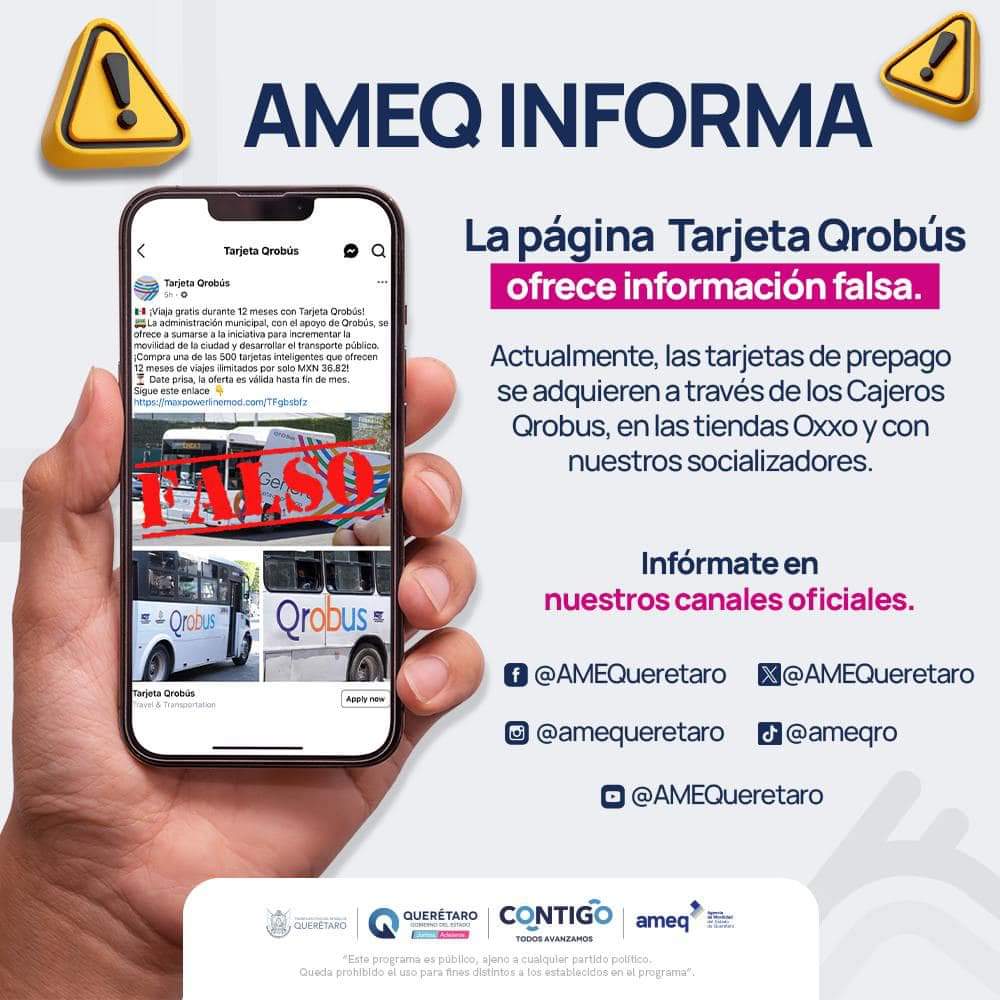 La AMEQ señala que la agencia ni ningún otro organismo entrega o cobra por tarjetas del Qrobús, solamente en oficinas de la agencia o en las estaciones de carga.