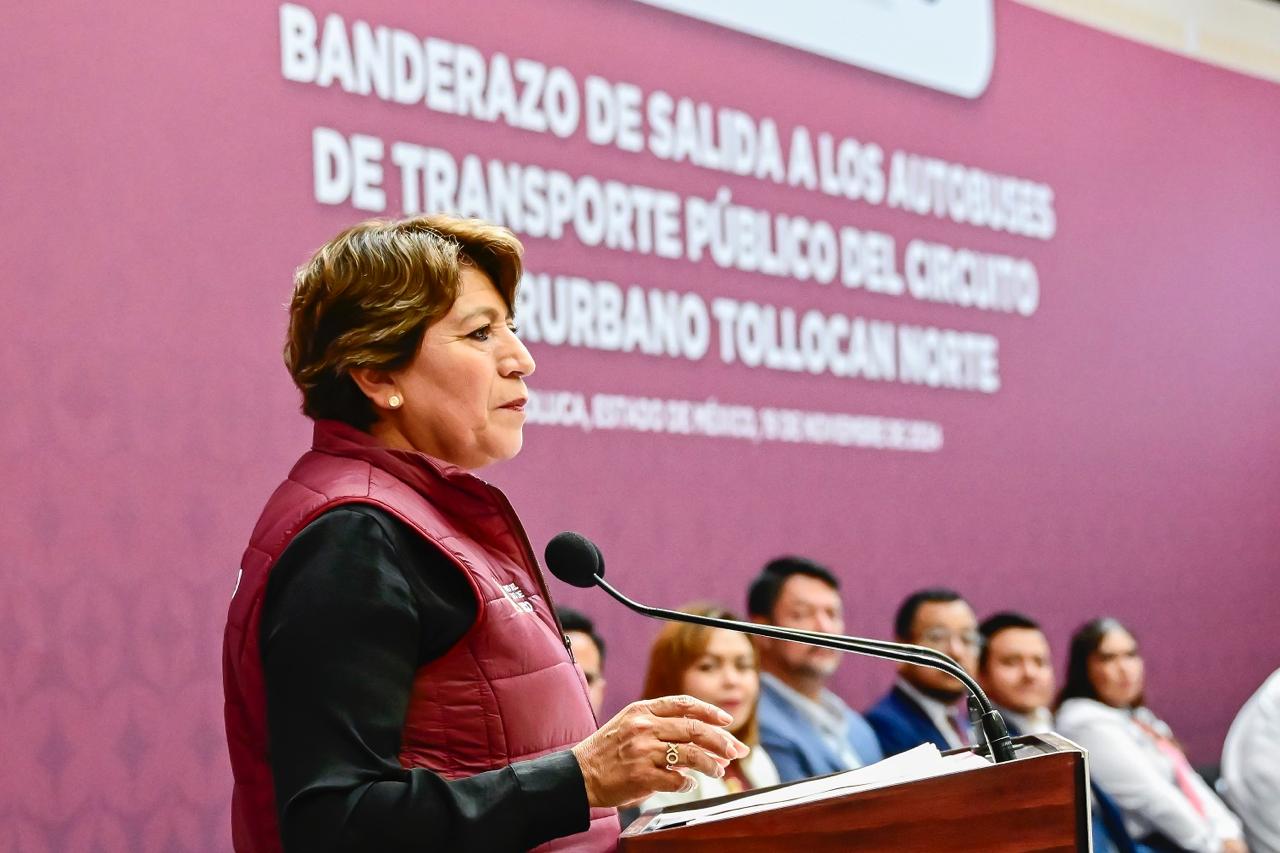 Delfina Gómez da inicio al nuevo servicio de autobuses con tecnología moderna y sustentable en el Estado de México.