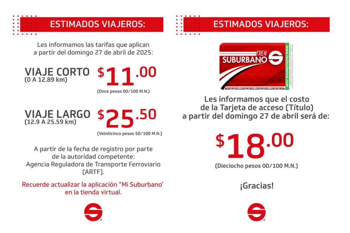 Anuncio oficial del incremento de tarifas en estaciones del Tren Suburbano desde este domingo 27 de abril de 2025.