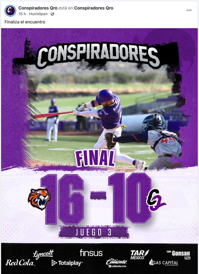 Tigres de Quintana Roo se imponen a Conspiradores de Querétaro en el estadio Finsus y se quedan con la serie