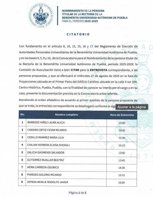 La convocatoria de la BUAP reunió a nueve aspirantes que este 27 de agosto presentarán entrevistas ante la Comisión de Auscultación. Foto: Especial