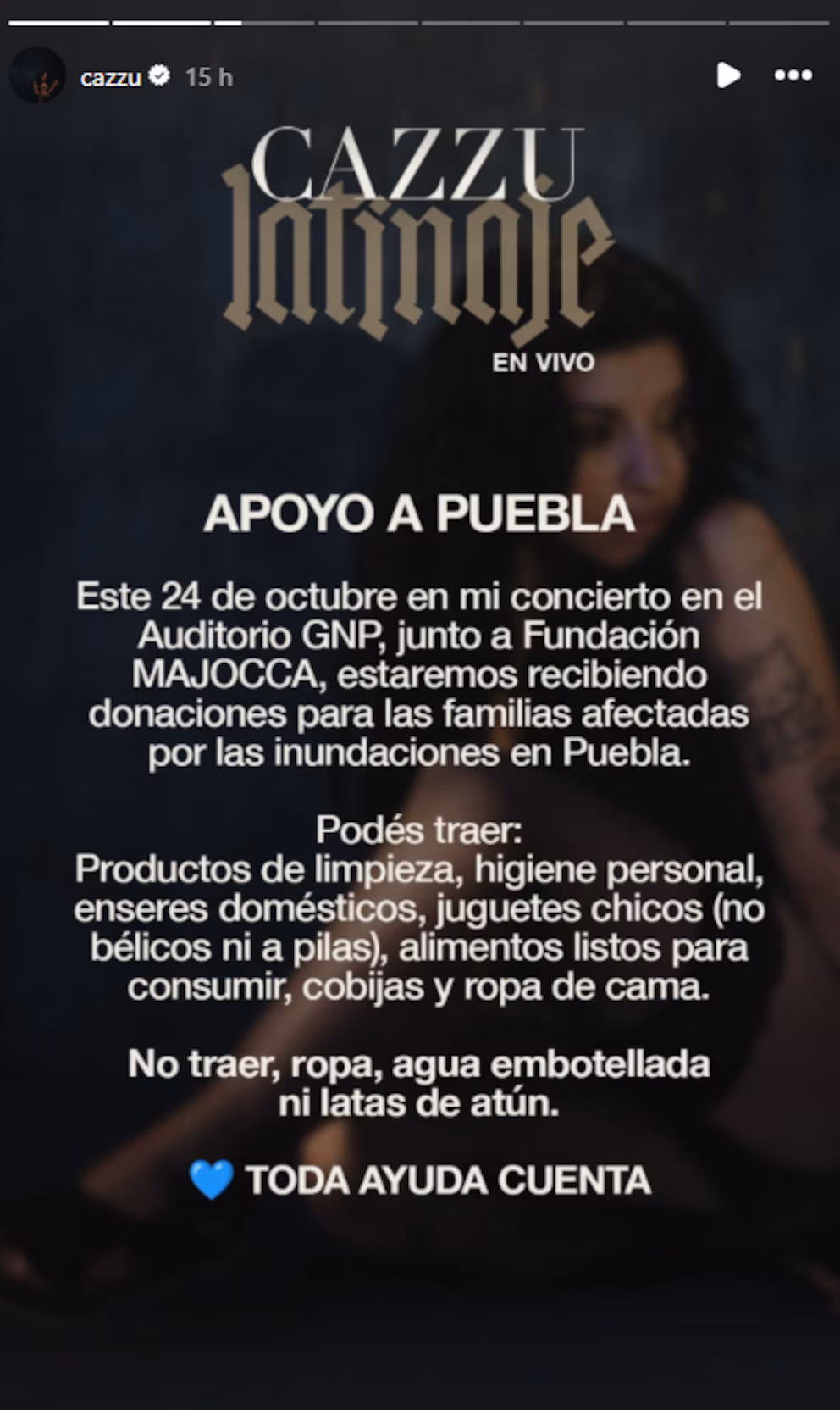 La artista argentina invita a sus fans a donar productos para damnificados. Foto: Especial