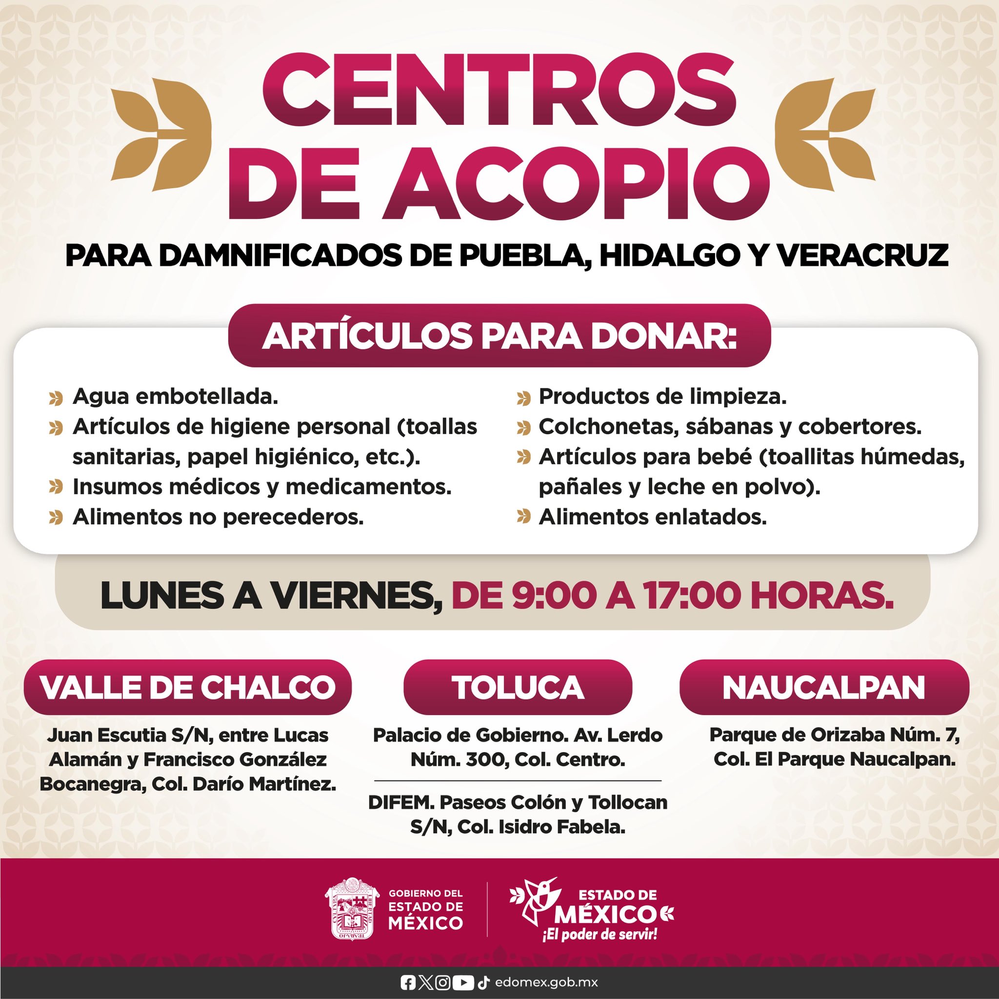 Edomex activa centros de acopio en Toluca, Naucalpan y Valle de Chalco. Foto: Especial