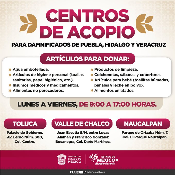 Edomex activa centros de acopio en Toluca, Naucalpan y Valle de Chalco. Foto: Especial