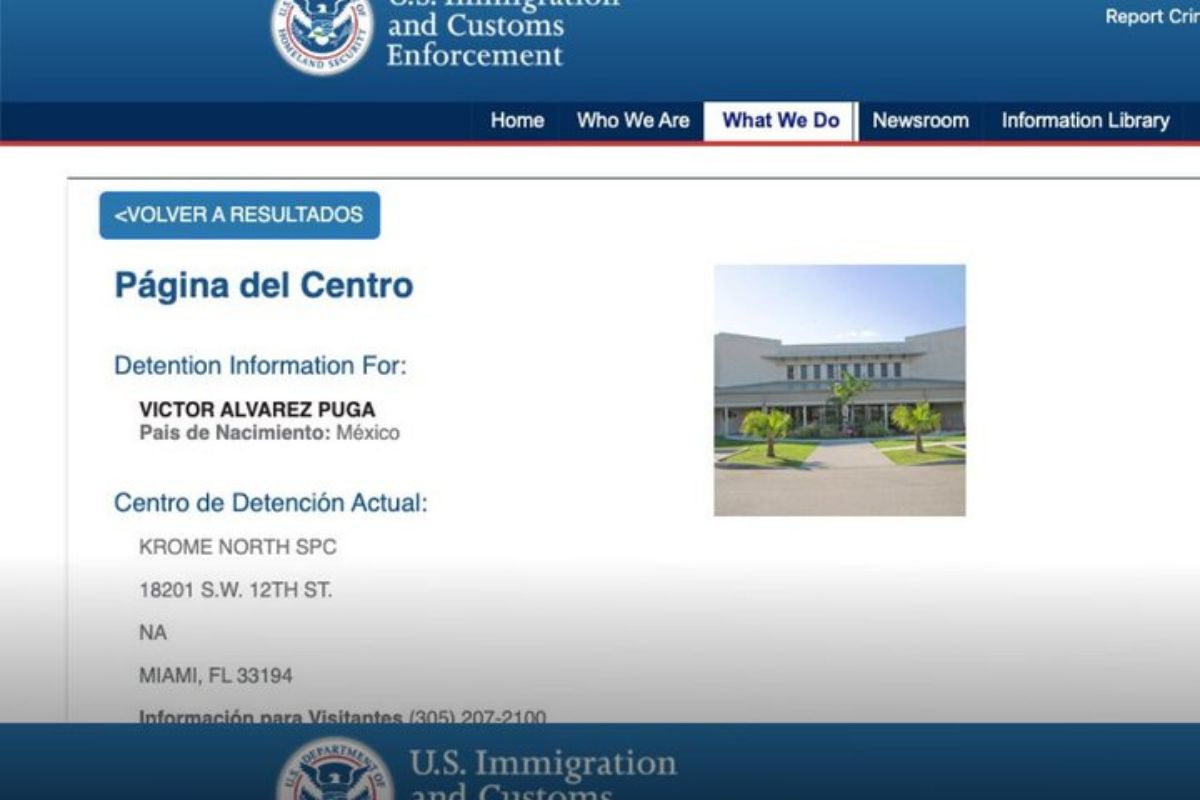 Ficha de detención de Víctor Álvarez Puga emitida por ICE en Estados Unidos, que registra su ingreso al Krome North SPC por situación migratoria. Foto: Especial
