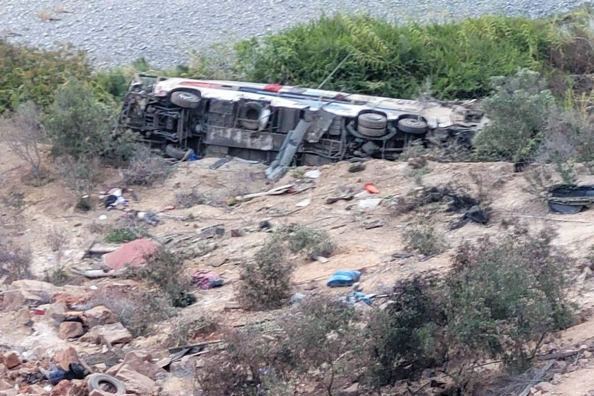 El autobús de la empresa Llamosas quedó destruido tras caer a un abismo. Foto: Especial