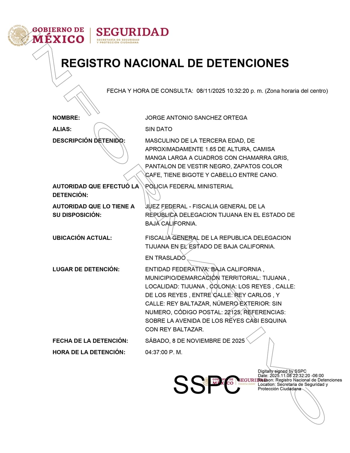 En el Registro Nacional de Detenciones se confirma la ficha de captura de Jorge Antonio “N”, asegurado en Tijuana por su presunta relación con el caso Colosio. Foto: Especial