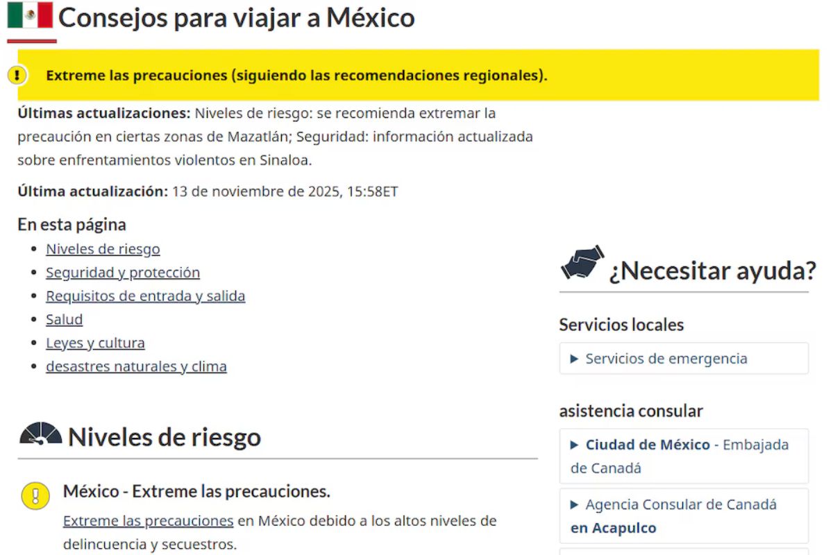 Canadá actualizó su alerta de viaje por violencia en varias regiones de México. Foto: Especial