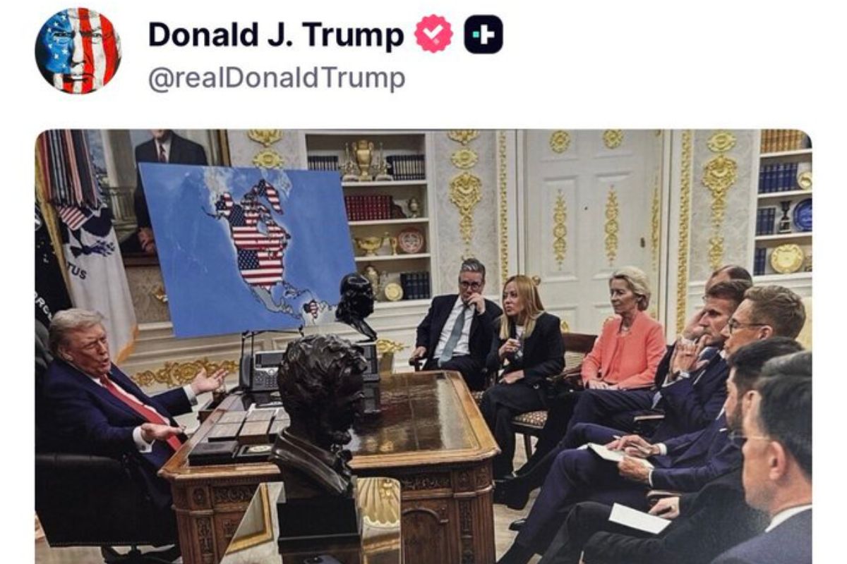 El presidente se muestra reunido con líderes europeos frente a un mapa donde la bandera estadounidense cubre Groenlandia, Canadá y Venezuela. Foto: Especial