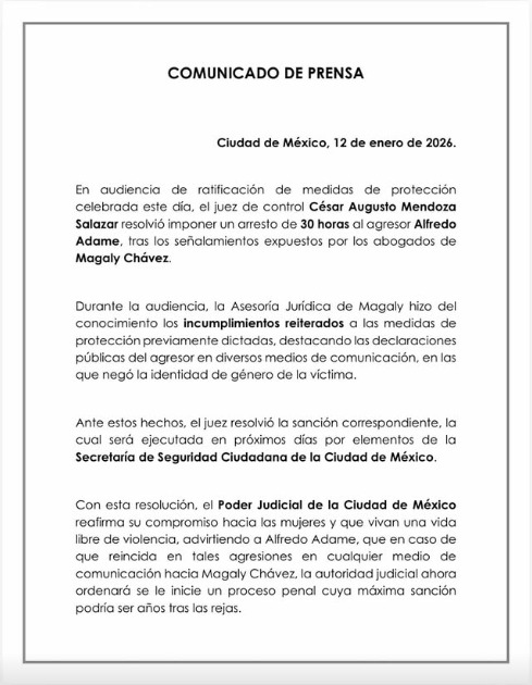 Comunicado emitido por Magaly Chávez el 12 de enero de 2026, donde confirma la orden judicial de arresto contra Alfredo Adame por incumplir medidas de protección. Foto: Especial