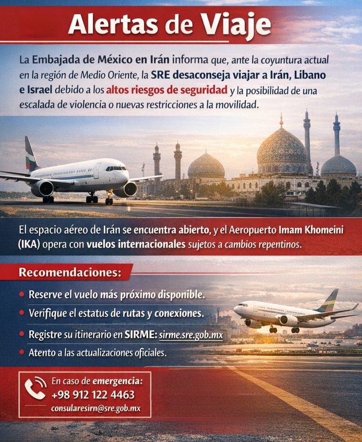 La SRE emitió una alerta para evitar viajes no esenciales a Medio Oriente. Foto: @EmbaMexIrn