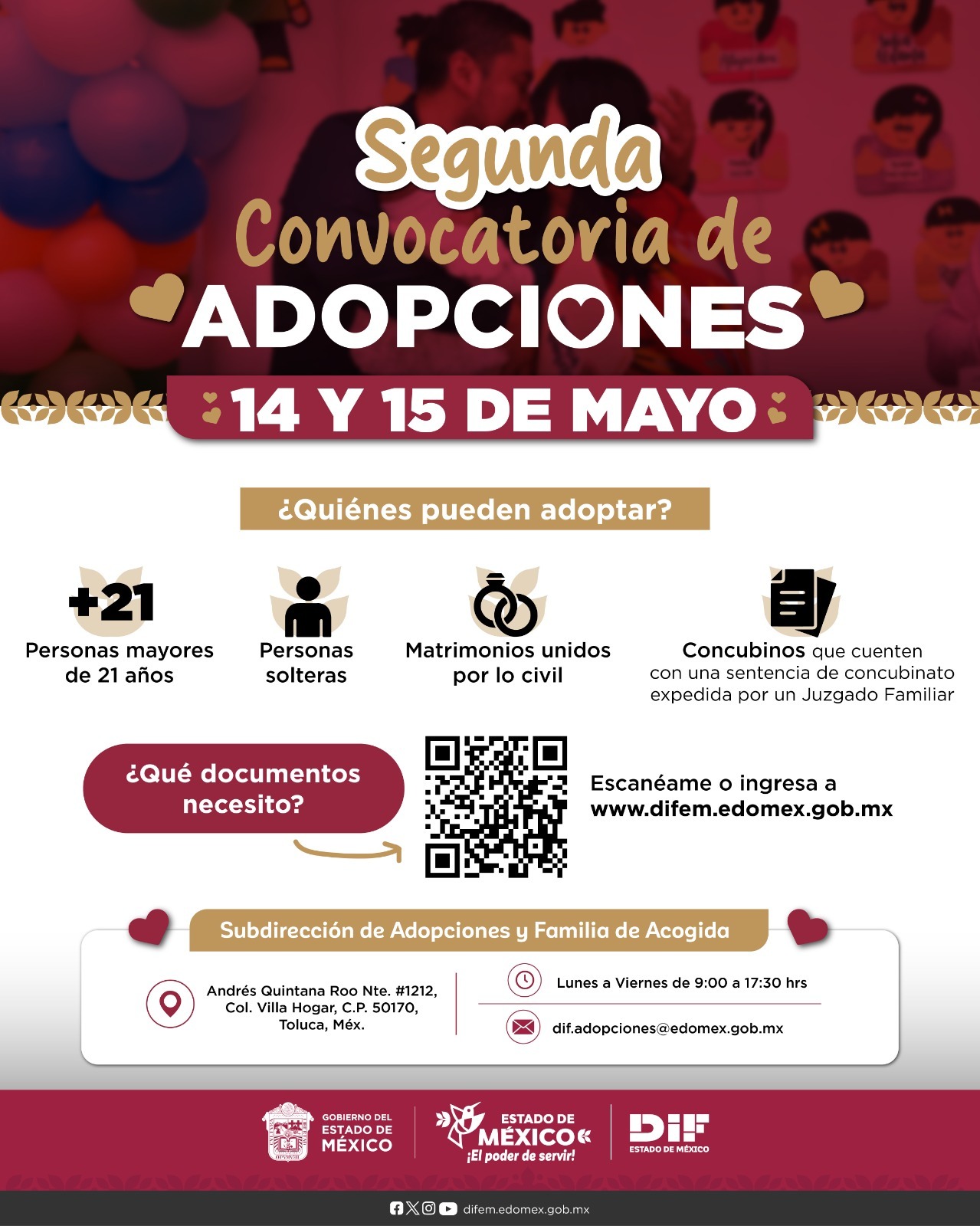 El DIFEM abrió la Segunda Convocatoria de Adopciones 2026 en el Estado de México. Foto: Especial