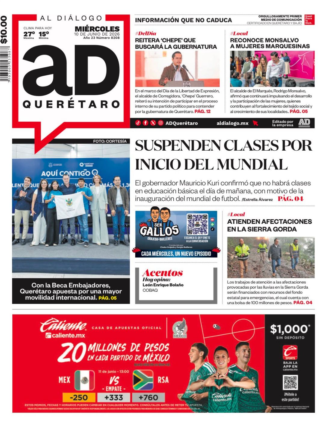 Suspenden clases por inicio del Mundial